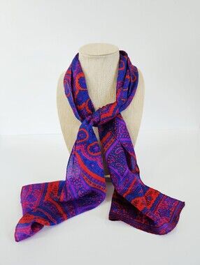 Vintage Vibrant Jewel Tone Paisley Mandela Rolled Edge Long Silk Scarf Foulard